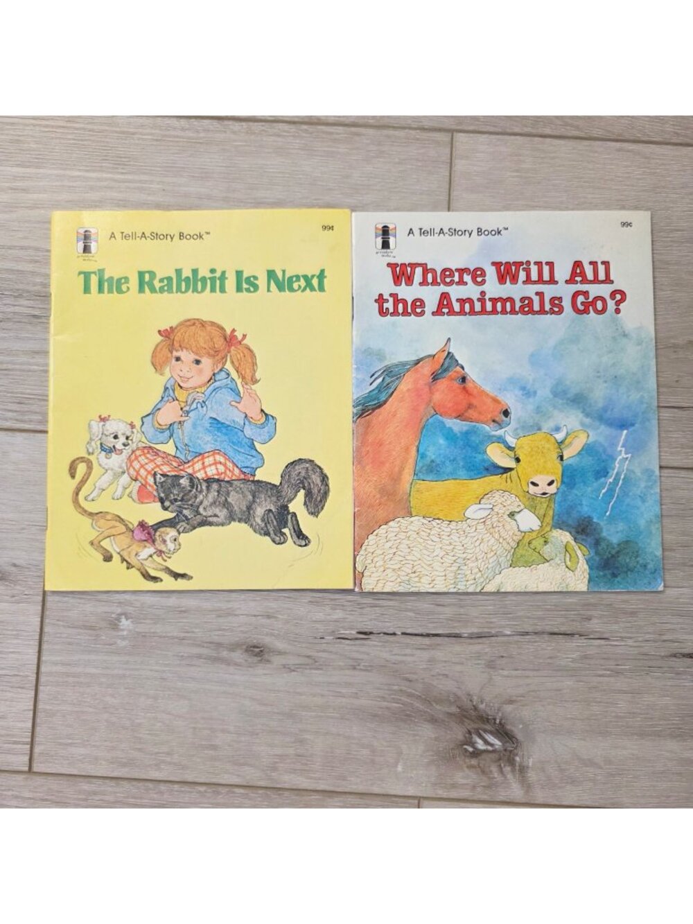 2 Vtg Paperback Tell a Story Books Rabbit is Next Where will all the Animals Go